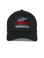 Alpinestars Matrix Snapback Hat, Black, Structured Crown and Curved Bill, Front view with multi-color embroidered patch featuring white Astars logo, red branding, and black and white checkered pattern, Casual Motorsport Headwear
