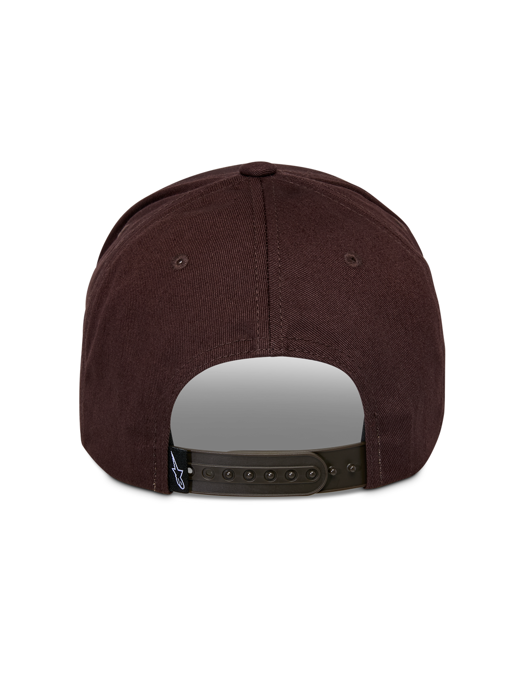 Casquette Snapback Alpinestars Matrix, vue arrière, marron, fermeture à pression réglable, couronne structurée, tissu principal en sergé, petite étiquette avec logo Astars à l'arrière