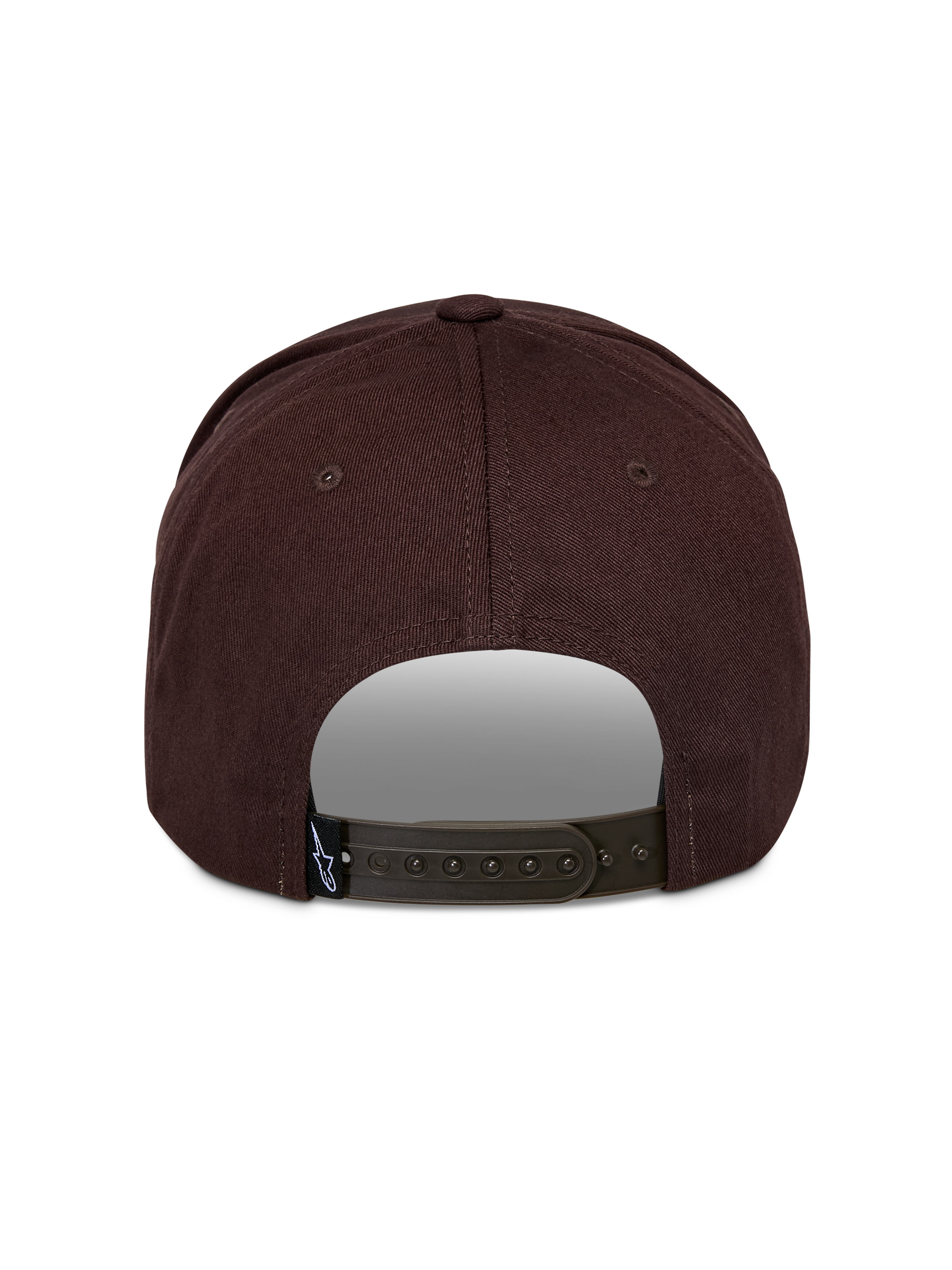 Casquette Snapback Alpinestars Matrix, vue arrière, marron, fermeture à pression réglable, couronne structurée, tissu principal en sergé, petite étiquette avec logo Astars à l'arrière