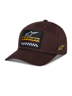 Casquette Snapback Matrix Alpinestars, marron, avec écusson brodé à l'avant comprenant un logo blanc, un marquage jaune et un motif à damier, logo Astars sur le côté, visière incurvée, sportswear décontracté