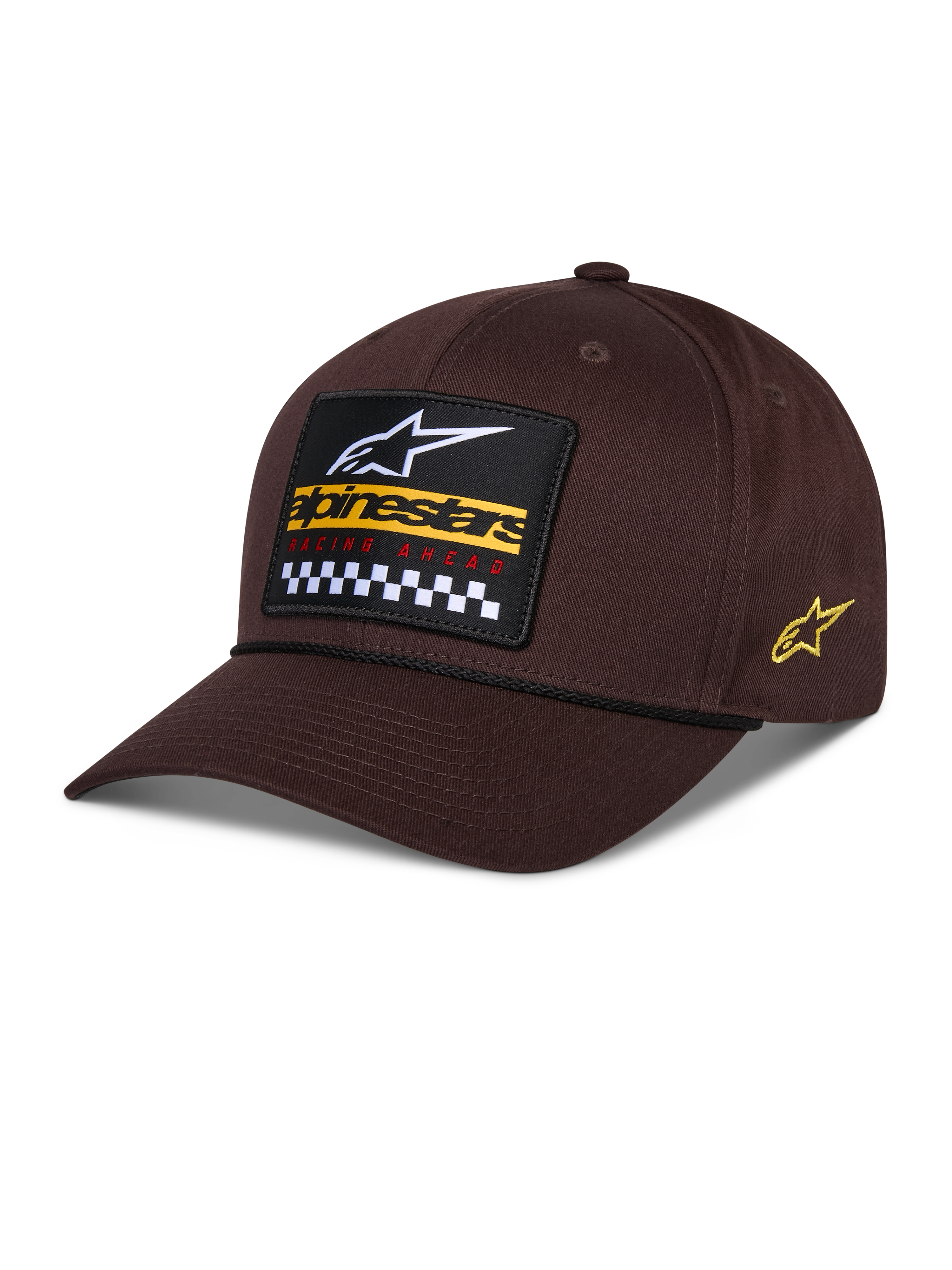 Casquette Snapback Matrix Alpinestars, marron, avec écusson brodé à l'avant comprenant un logo blanc, un marquage jaune et un motif à damier, logo Astars sur le côté, visière incurvée, sportswear décontracté