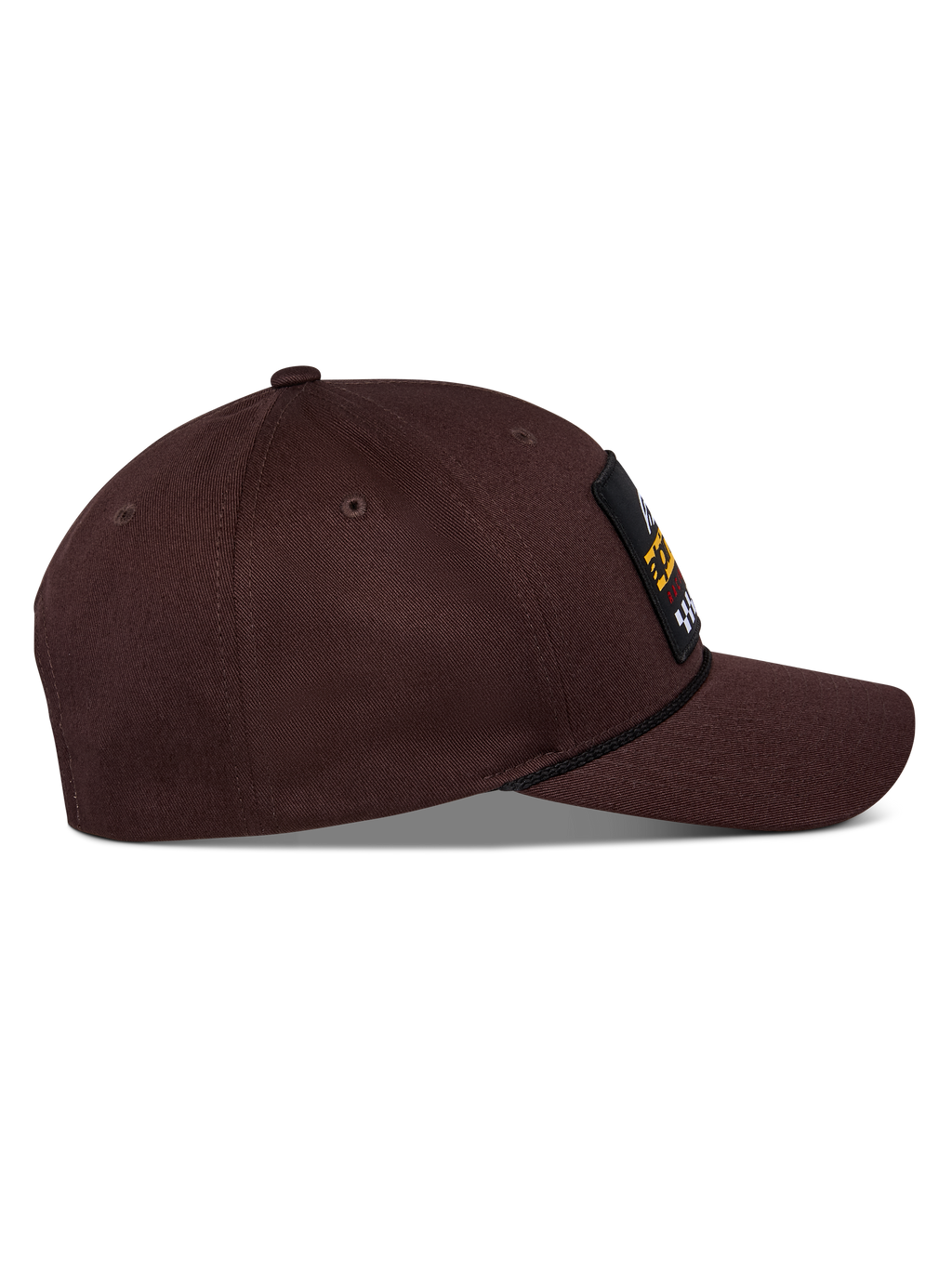 Casquette Matrix Snapback Alpinestars, marron foncé, vue latérale avec visière incurvée, couronne structurée et patch logo à l'avant avec détail de cordelette, casquette décontractée d'inspiration sport automobile