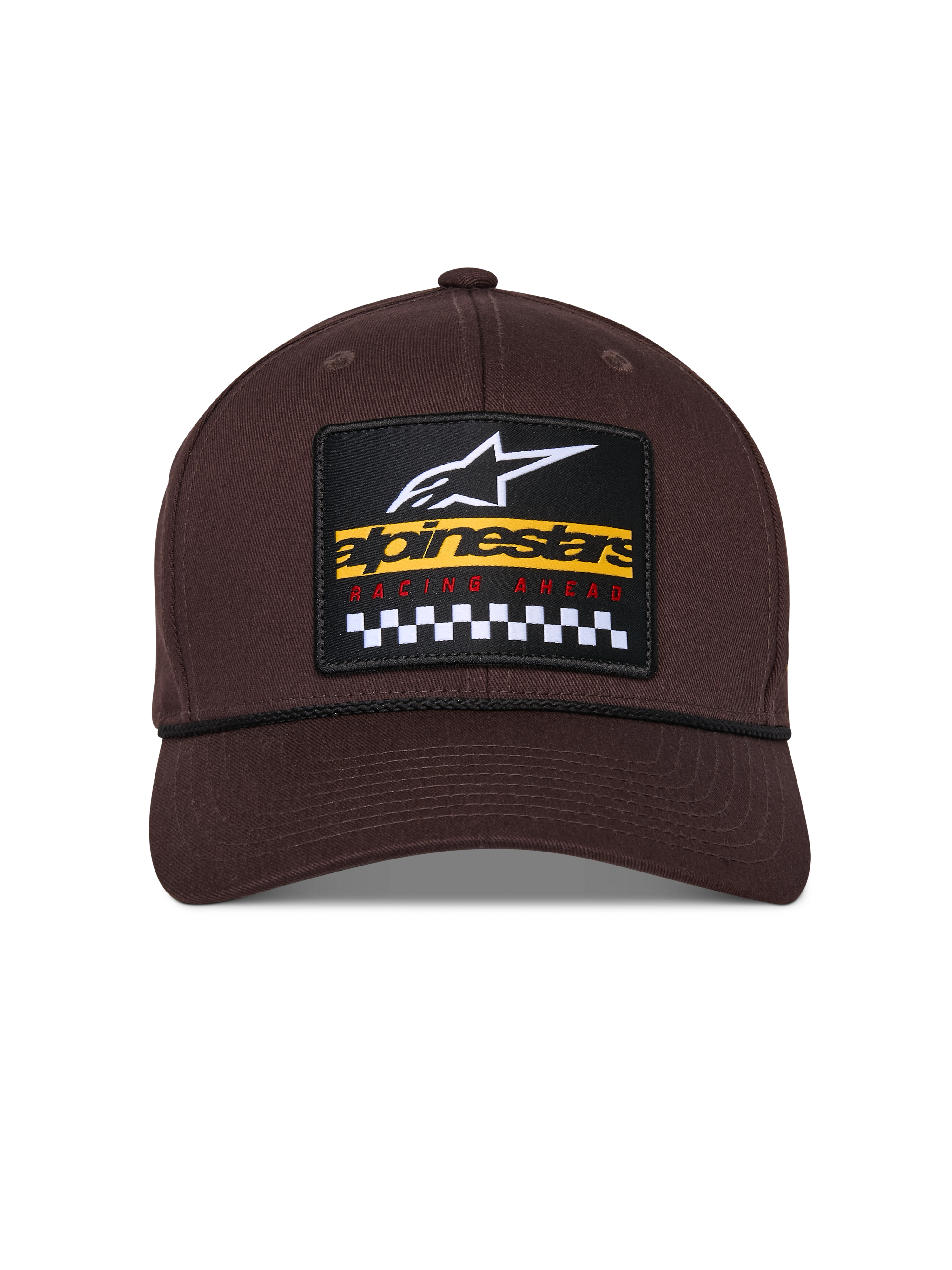 Casquette Snapback Matrix Alpinestars, marron, vue de face avec couronne structurée et visière incurvée, écusson brodé multicolore avec logo Alpinestars et motif de course à damier, détail de cordelette noire, couvre-chef décontracté inspiré des sports mécaniques