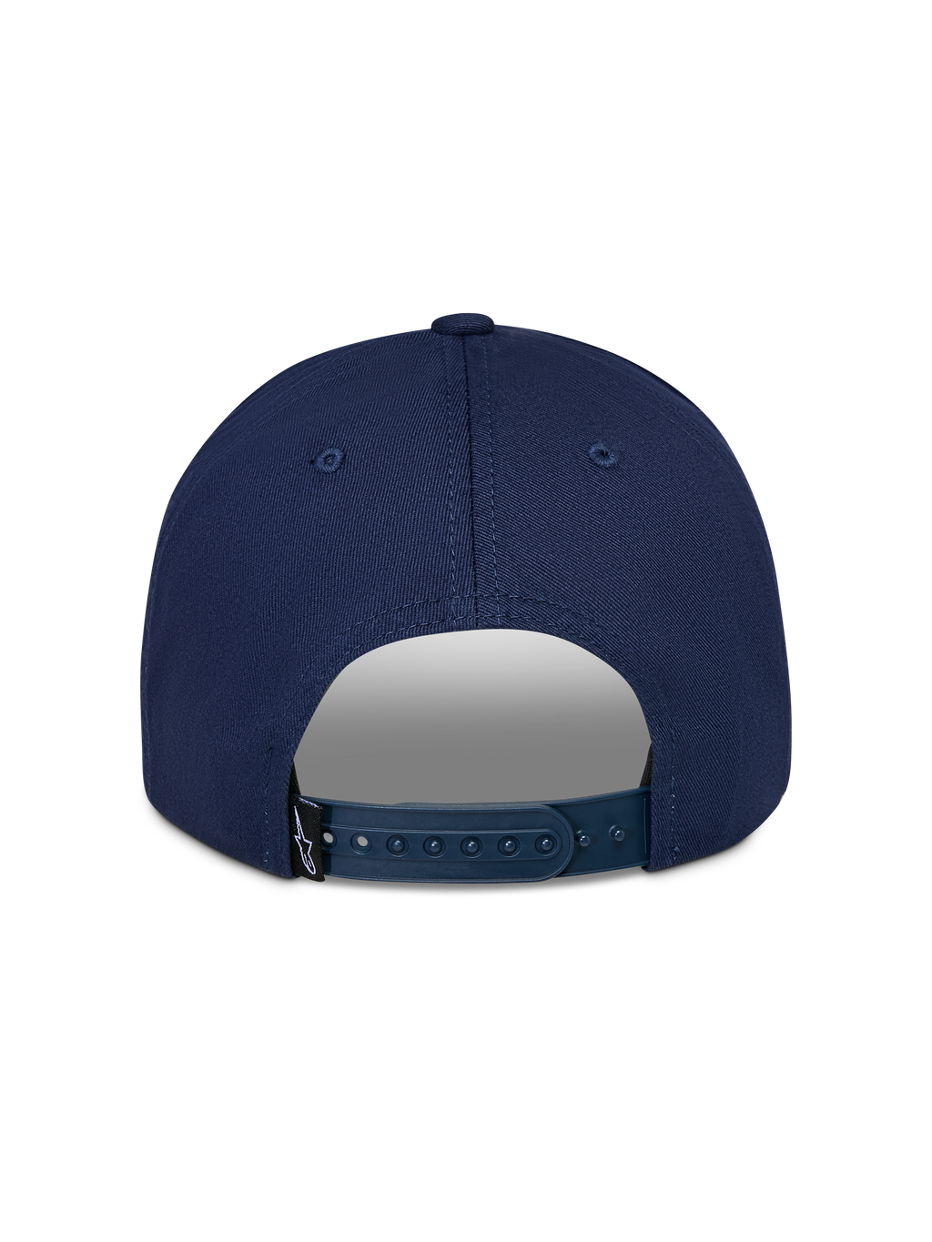 Alpinestars Trifecta Snapback Hat, bleu marine, vue arrière avec fermeture snapback réglable, petite étiquette logo noire, sergé de coton durable, style streetwear motorsport décontracté