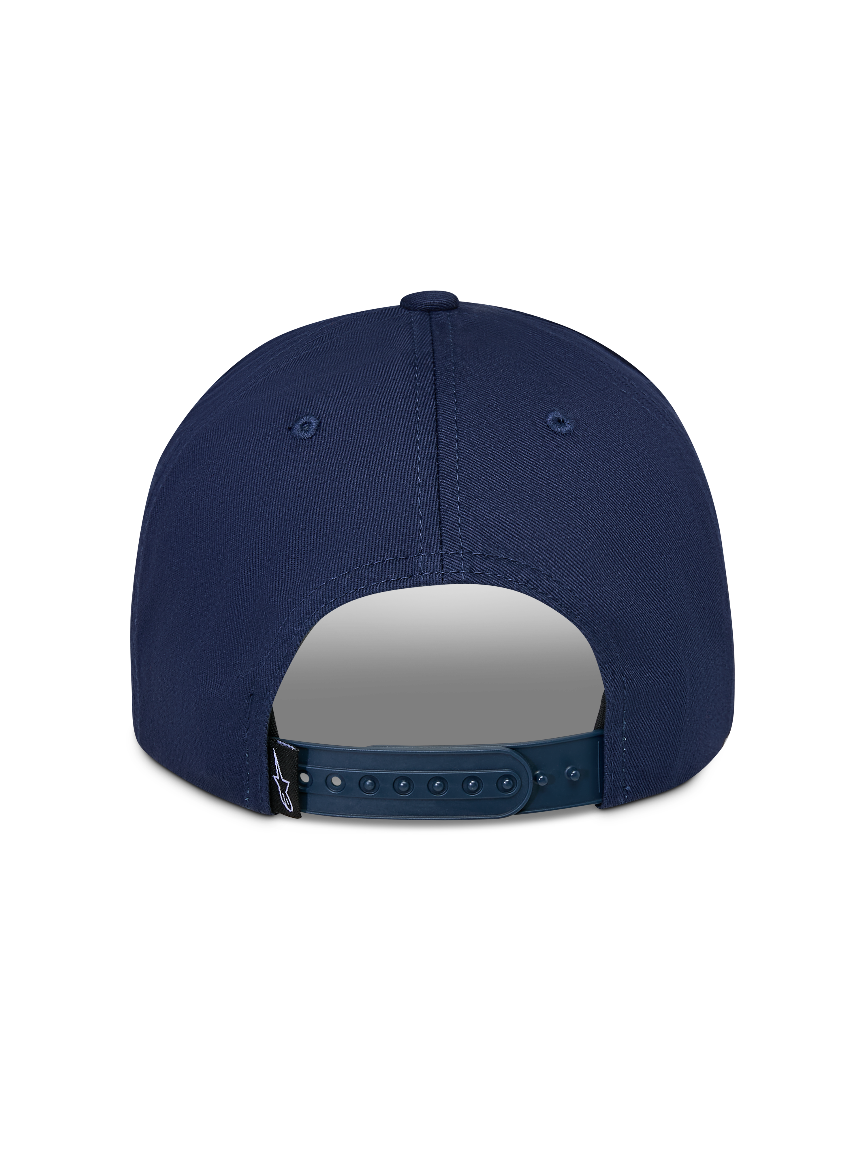 Alpinestars Trifecta Snapback Hat, bleu marine, vue arrière avec fermeture snapback réglable, petite étiquette logo noire, sergé de coton durable, style streetwear motorsport décontracté