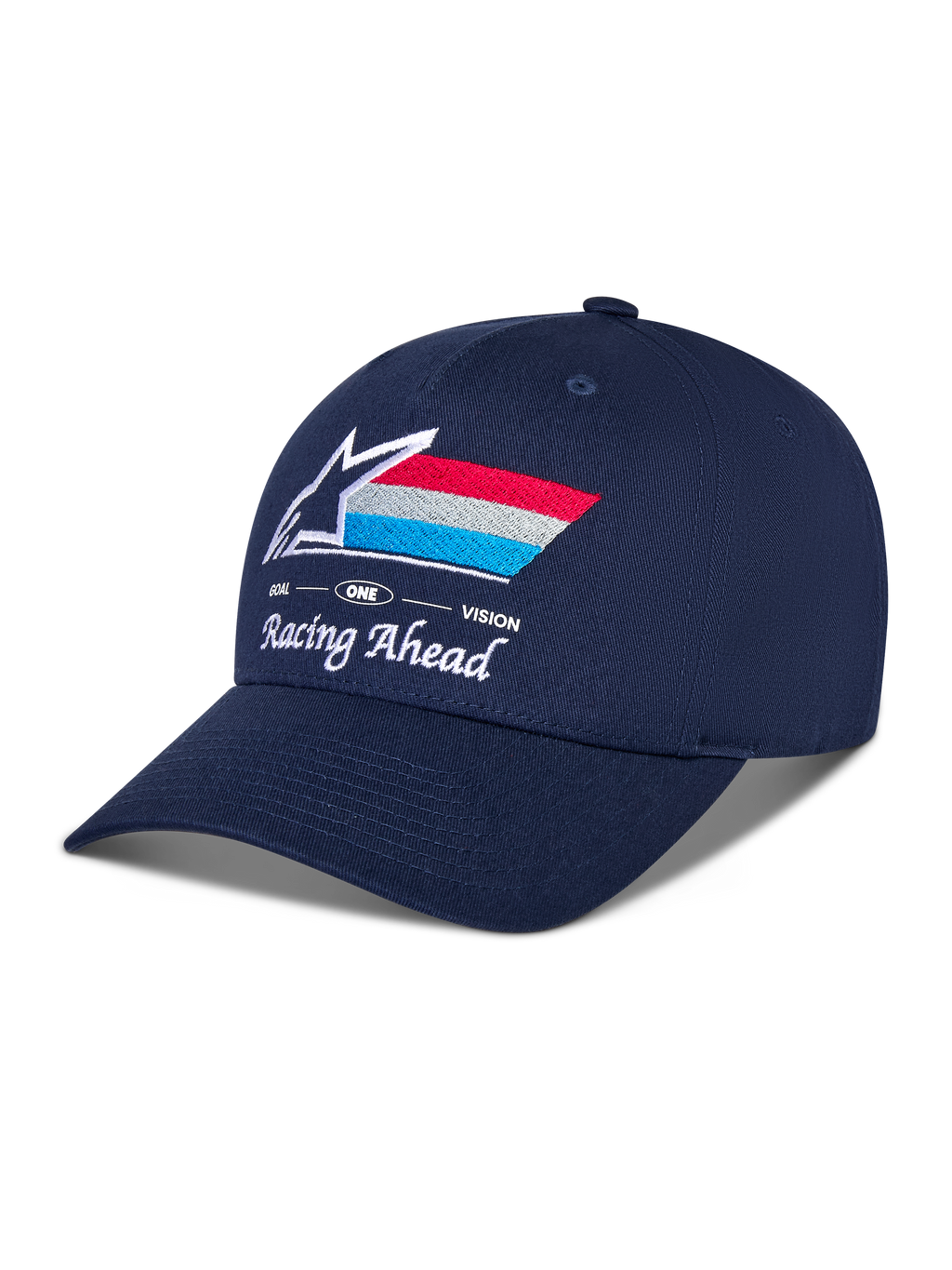 Casquette Snapback Alpinestars Trifecta, bleu marine, visière incurvée avec couronne structurée, logo Astars brodé à l'avant avec rayures rouges, blanches et bleu clair, texte blanc « Racing Ahead » et « Goal One Vision », casquette décontractée de style motorsport