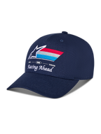 Casquette Snapback Alpinestars Trifecta, bleu marine, visière incurvée avec couronne structurée, logo Astars brodé à l'avant avec rayures rouges, blanches et bleu clair, texte blanc « Racing Ahead » et « Goal One Vision », casquette décontractée de style motorsport