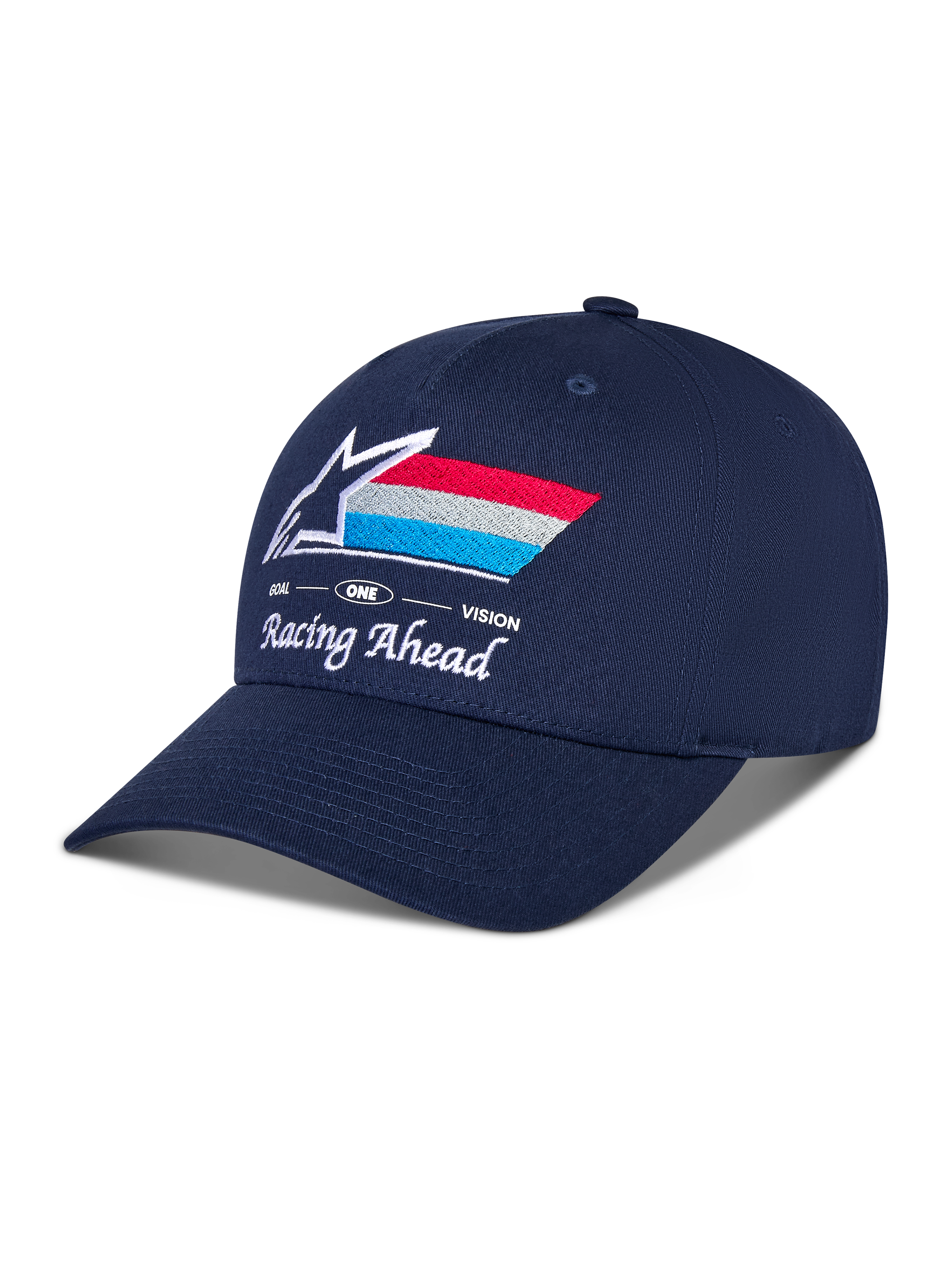 Alpinestars Trifecta Snapback Hat, Navy Blue, curved bill with structured crown, front embroidered Astars logo with red, white, and light blue stripes, 'Racing Ahead' and 'Goal One Vision' white text, casual motorsport headwear