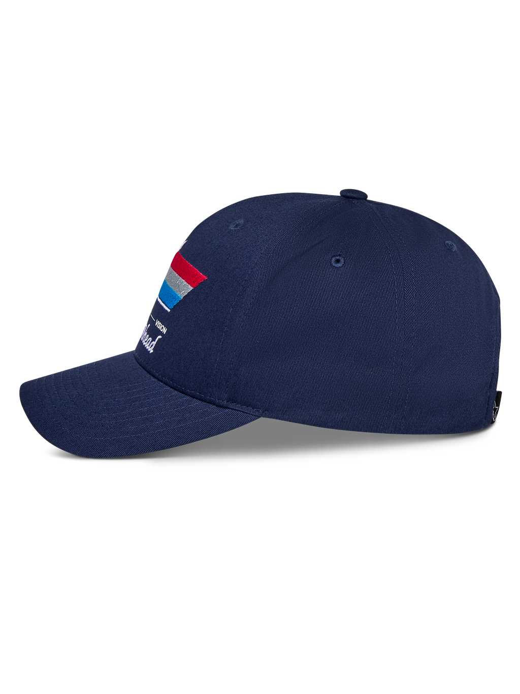 Casquette Snapback Alpinestars Trifecta, bleu marine, vue latérale, avec visière incurvée et graphisme à rayures tricolores avec texte blanc, couvre-chef casual motorsport