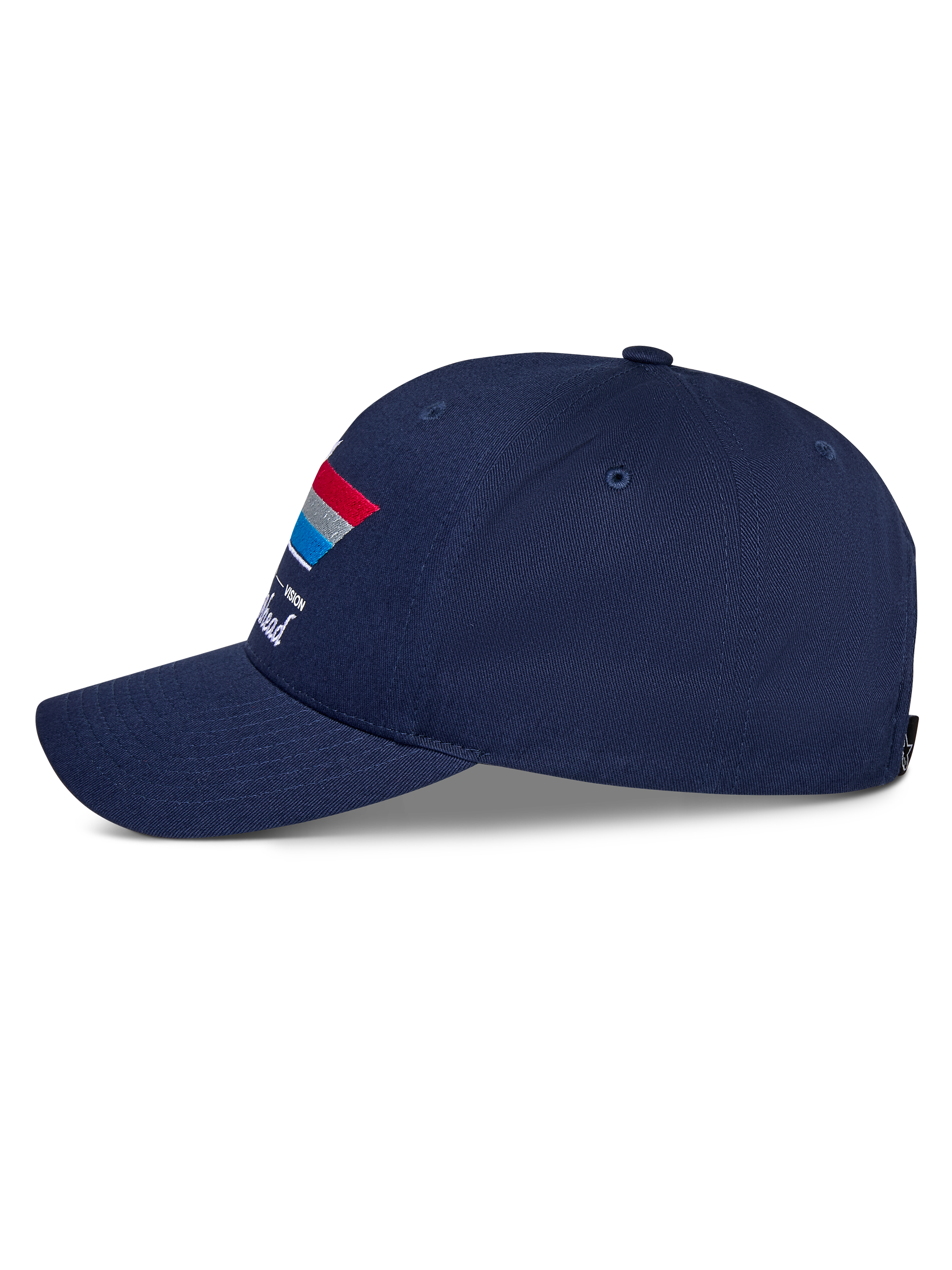 Casquette Snapback Alpinestars Trifecta, bleu marine, vue latérale, avec visière incurvée et graphisme à rayures tricolores avec texte blanc, couvre-chef casual motorsport