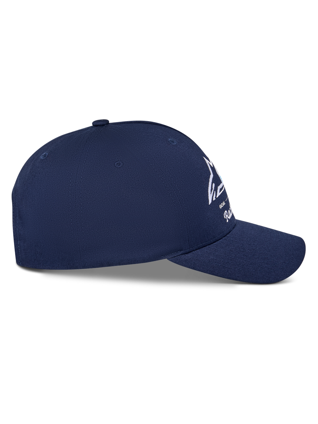 Casquette Snapback Alpinestars Trifecta, bleu marine uni, vue de profil montrant la visière incurvée et la couronne structurée, logo Astars blanc avec rayures tricolores, tissu en sergé de coton, style streetwear motorsport décontracté