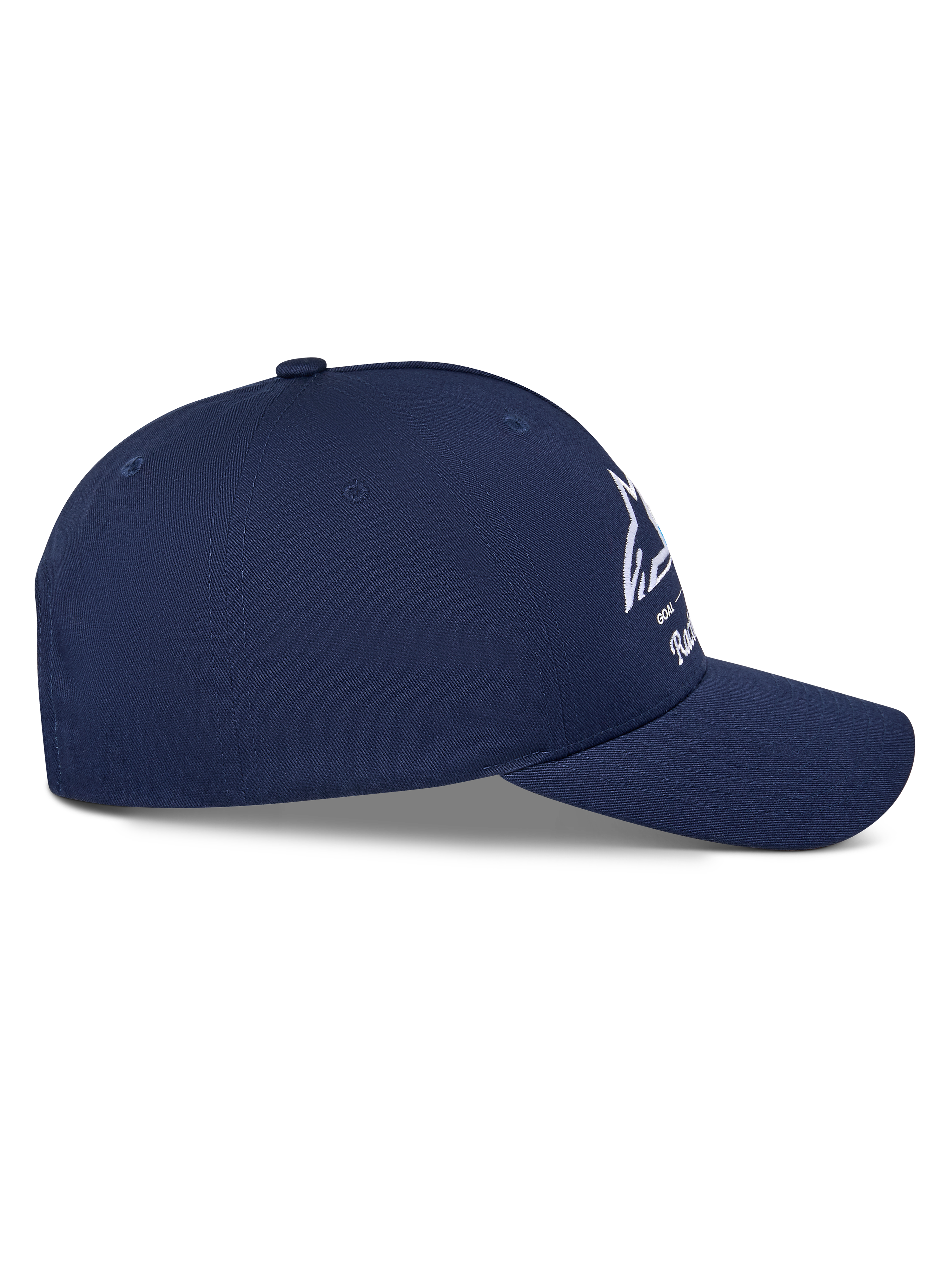 Casquette Snapback Alpinestars Trifecta, bleu marine uni, vue de profil montrant la visière incurvée et la couronne structurée, logo Astars blanc avec rayures tricolores, tissu en sergé de coton, style streetwear motorsport décontracté