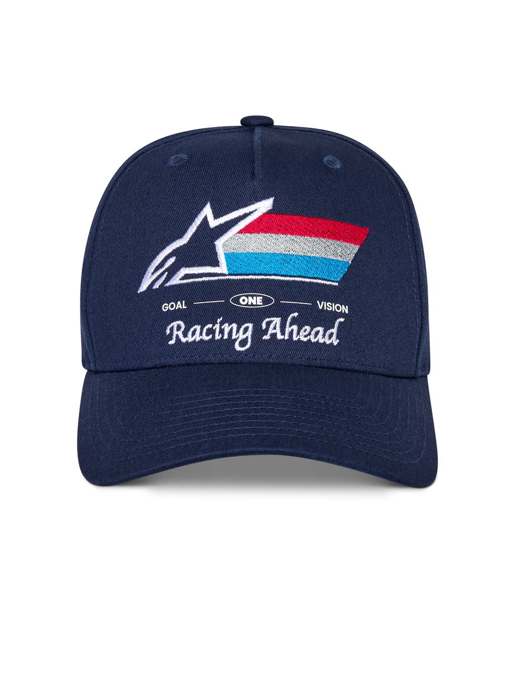 Casquette Snapback Alpinestars Trifecta, casquette bleu marine avec visière incurvée, logo brodé à l'avant avec étoile blanche et rayures tricolores, texte blanc 'Racing Ahead' et 'Goal One Vision', couronne structurée, couvre-chef décontracté d'inspiration sport automobile
