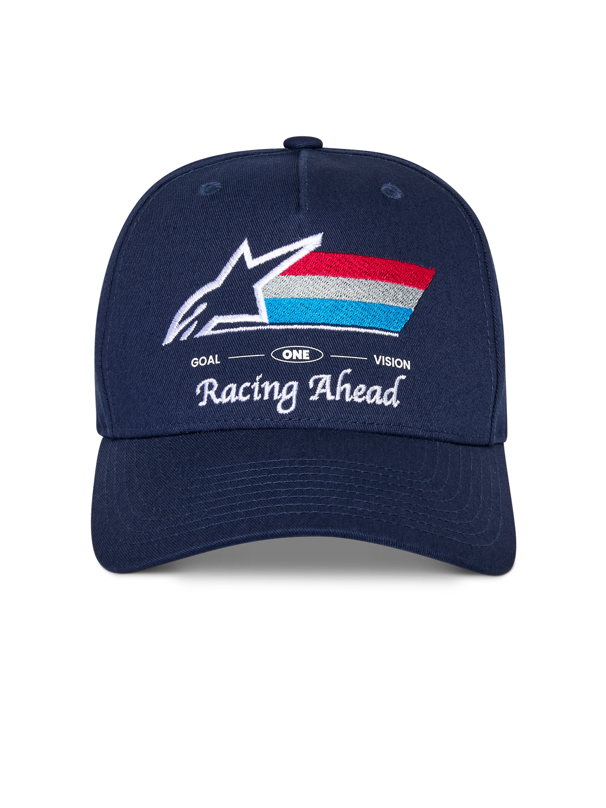 Casquette Snapback Alpinestars Trifecta, casquette bleu marine avec visière incurvée, logo brodé à l'avant avec étoile blanche et rayures tricolores, texte blanc 'Racing Ahead' et 'Goal One Vision', couronne structurée, couvre-chef décontracté d'inspiration sport automobile