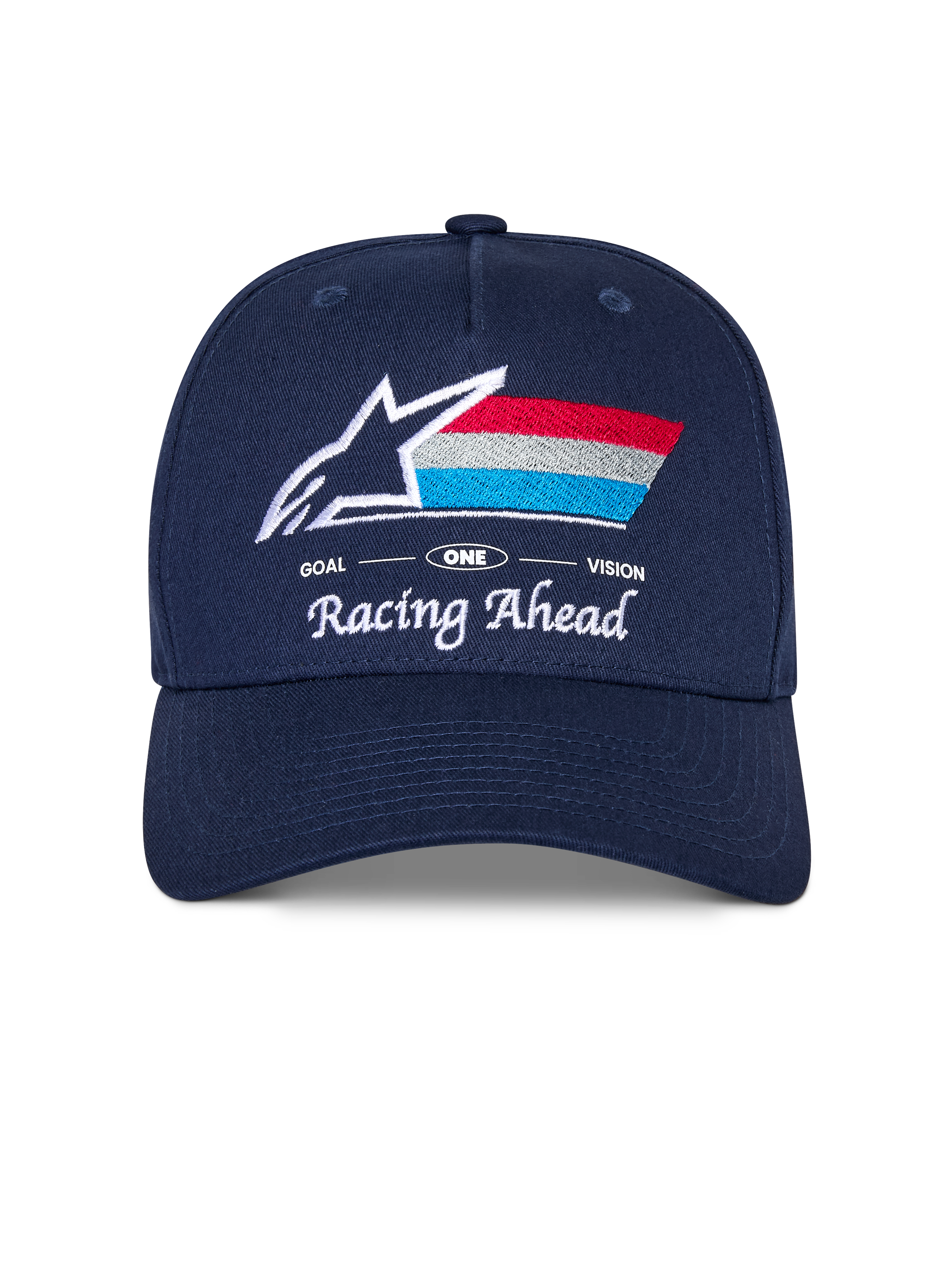 Casquette Snapback Alpinestars Trifecta, casquette bleu marine avec visière incurvée, logo brodé à l'avant avec étoile blanche et rayures tricolores, texte blanc 'Racing Ahead' et 'Goal One Vision', couronne structurée, couvre-chef décontracté d'inspiration sport automobile