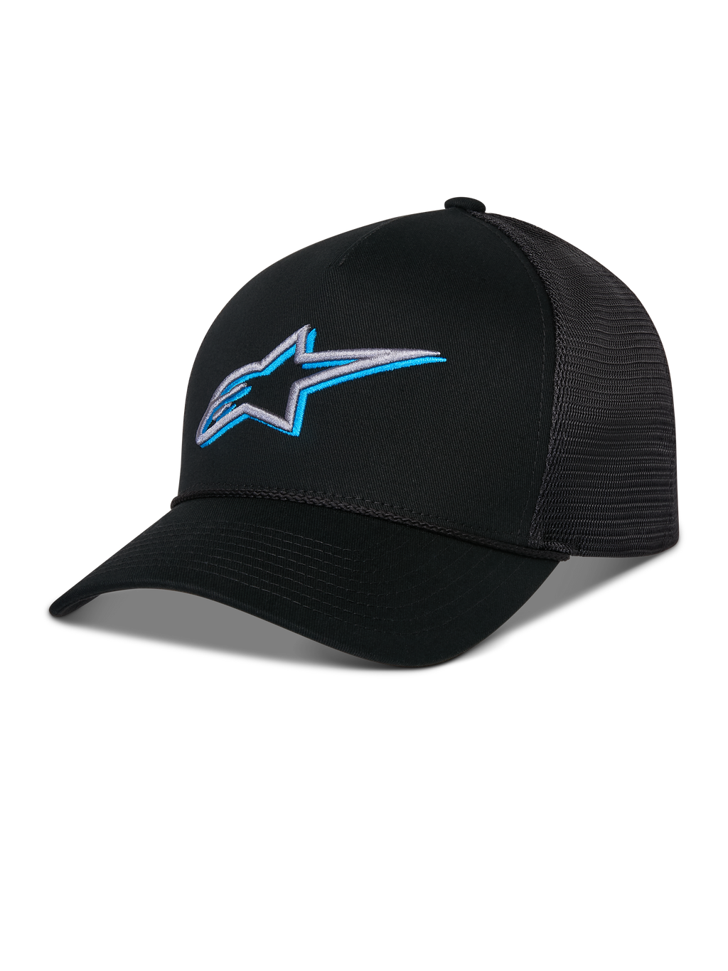 Casquette Trucker Alpinestars Ageless Shadow, noire avec logo étoile brodé en 3D bleu et argent, dotée d'une visière incurvée et de panneaux arrière en maille respirante, couvre-chef décontracté inspiré du sport automobile