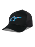 Casquette Trucker Alpinestars Ageless Shadow, noire avec logo étoile brodé en 3D bleu et argent, dotée d'une visière incurvée et de panneaux arrière en maille respirante, couvre-chef décontracté inspiré du sport automobile