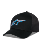 Casquette Trucker Alpinestars Ageless Shadow, noire avec logo étoile brodé en 3D bleu et argent, dotée d'une visière incurvée et de panneaux arrière en maille respirante, couvre-chef décontracté inspiré du sport automobile