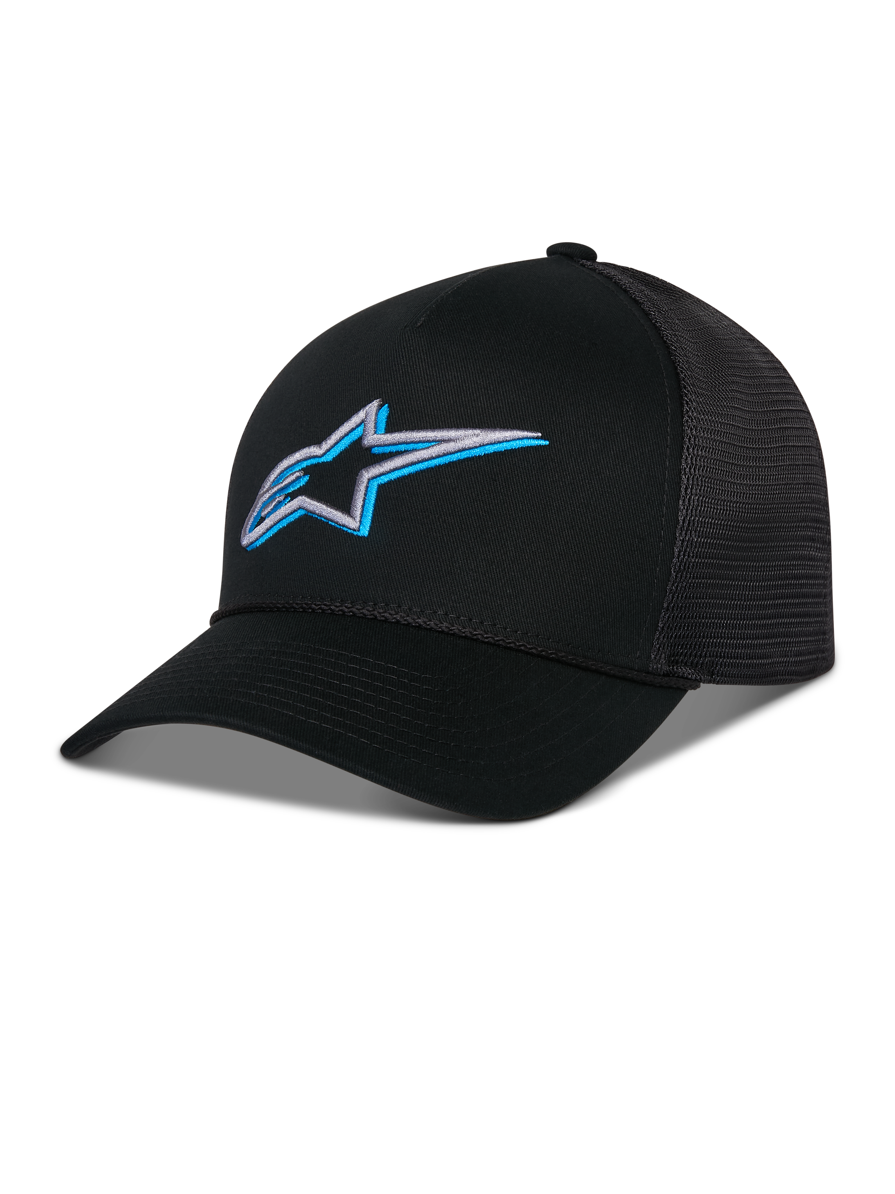 Casquette Trucker Alpinestars Ageless Shadow, noire avec logo étoile brodé en 3D bleu et argent, dotée d'une visière incurvée et de panneaux arrière en maille respirante, couvre-chef décontracté inspiré du sport automobile