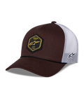 Casquette Trucker Alpinestars Hexeon, marron et blanc, visière incurvée avec devant structuré marron foncé et arrière en maille blanche, dotée d'un écusson hexagonal noir avec logo jaune à l'avant, logo brodé sur le côté et style trucker classique.