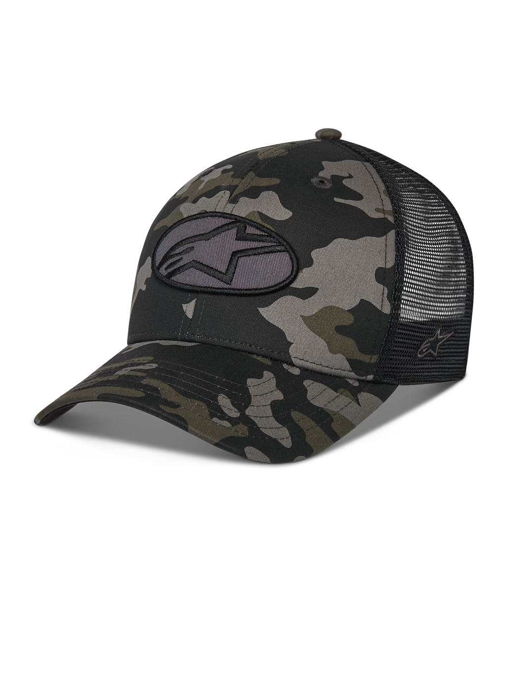 Casquette Trucker Alpinestars Oblique Camo, motif camouflage noir avec arrière en maille noire, dotée d'un écusson brodé ovale avec le logo Astars à l'avant, visière incurvée et couronne structurée, couvre-chef décontracté inspiré du sport automobile