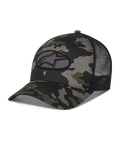 Casquette Trucker Alpinestars Oblique Camo, motif camouflage noir avec arrière en maille noire, dotée d'un écusson brodé ovale avec le logo Astars à l'avant, visière incurvée et couronne structurée, couvre-chef décontracté inspiré du sport automobile