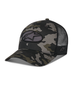 Casquette Trucker Alpinestars Oblique Camo, motif camouflage noir avec arrière en maille noire, dotée d'un écusson brodé ovale avec le logo Astars à l'avant, visière incurvée et couronne structurée, couvre-chef décontracté inspiré du sport automobile