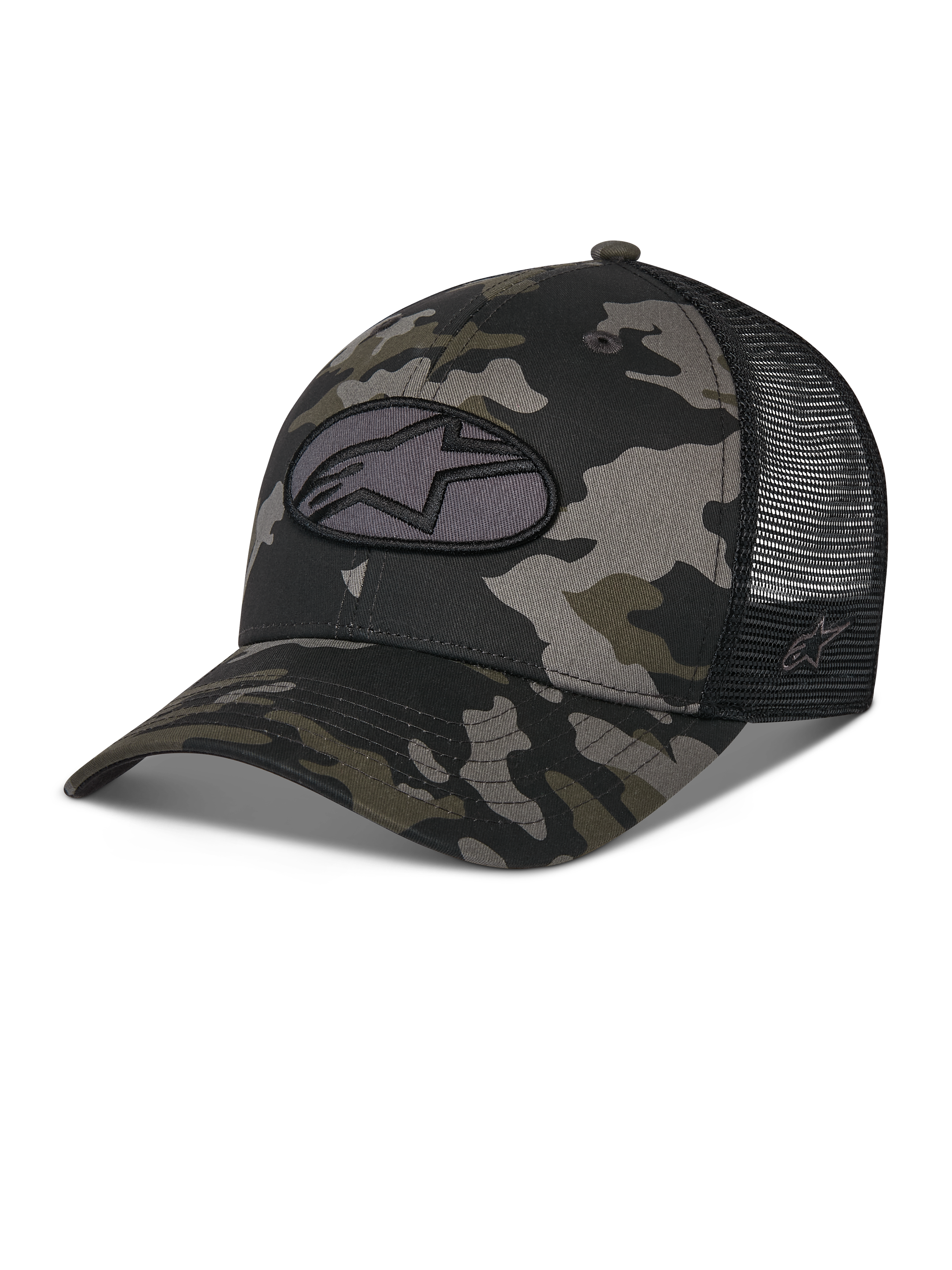 Casquette Trucker Alpinestars Oblique Camo, motif camouflage noir avec arrière en maille noire, dotée d'un écusson brodé ovale avec le logo Astars à l'avant, visière incurvée et couronne structurée, couvre-chef décontracté inspiré du sport automobile