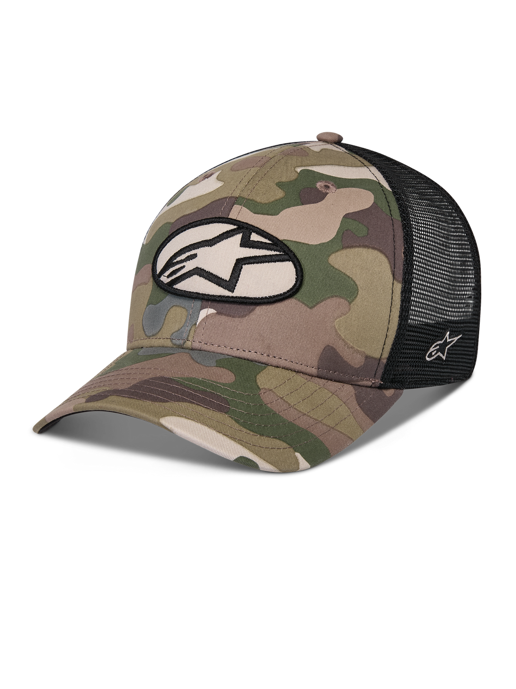 Casquette Trucker Alpinestars Oblique Camo, vert camouflage et noir, avant en sergé camouflage avec arrière en maille noire, écusson ovale avec logo Alpinestars à l'avant, visière incurvée, accessoire de sport automobile décontracté