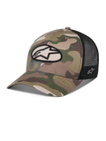 Casquette Trucker Alpinestars Oblique Camo, vert camouflage et noir, avant en sergé camouflage avec arrière en maille noire, écusson ovale avec logo Alpinestars à l'avant, visière incurvée, accessoire de sport automobile décontracté