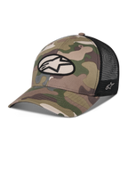 Casquette Trucker Alpinestars Oblique Camo, vert camouflage et noir, avant en sergé camouflage avec arrière en maille noire, écusson ovale avec logo Alpinestars à l'avant, visière incurvée, accessoire de sport automobile décontracté