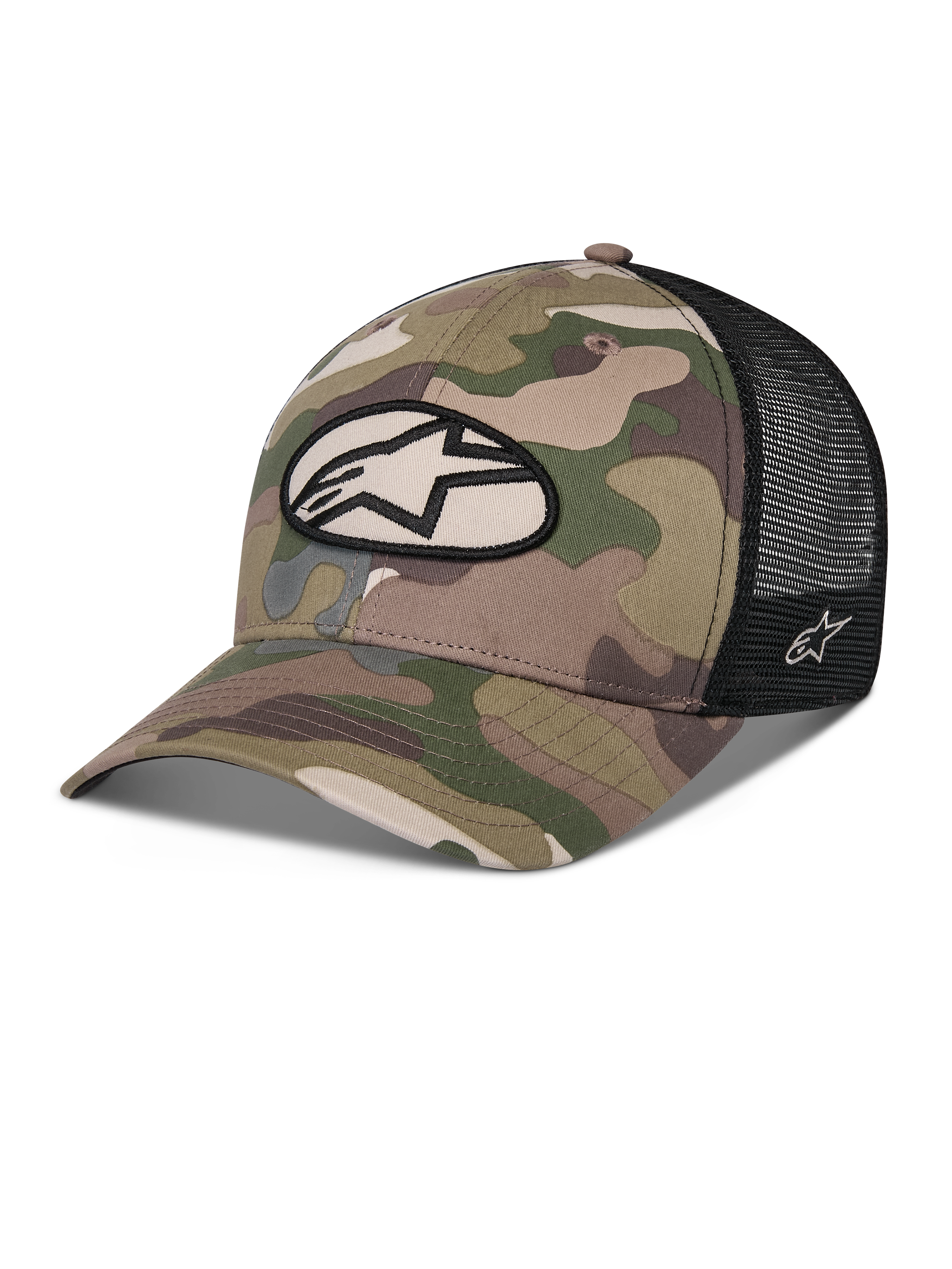 Casquette Trucker Alpinestars Oblique Camo, vert camouflage et noir, avant en sergé camouflage avec arrière en maille noire, écusson ovale avec logo Alpinestars à l'avant, visière incurvée, accessoire de sport automobile décontracté