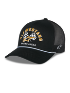 Casquette Trucker Finisher Alpinestars, casquette trucker noire avec arrière en maille respirante, visière courbée avec détail de cordelette blanche, graphique à l'avant avec lettrage Alpinestars jaune et drapeaux à damier, logo étoile brodé sur le côté, accessoire décontracté inspiré du sport automobile