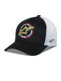 Casquette Trucker Alpinestars Aorbit, casquette snapback noire et blanche, présentant un graphisme frontal « Always Fast Made to Last » avec un logo Astars jaune, arrière en maille blanche avec broderie sur le côté et visière courbée
