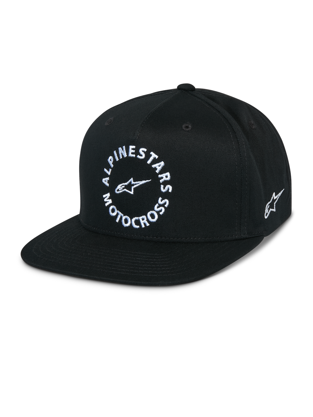 Casquette Snapback MX Alpinestars, casquette noire à visière plate, couronne structurée, graphique circulaire blanc Alpinestars Motocross à l'avant, logo Astars brodé sur le côté, sergé 100 % coton, sportswear décontracté