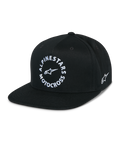 Casquette Snapback MX Alpinestars, casquette noire à visière plate, couronne structurée, graphique circulaire blanc Alpinestars Motocross à l'avant, logo Astars brodé sur le côté, sergé 100 % coton, sportswear décontracté