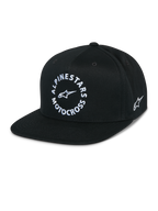 Casquette Snapback MX Alpinestars, casquette noire à visière plate, couronne structurée, graphique circulaire blanc Alpinestars Motocross à l'avant, logo Astars brodé sur le côté, sergé 100 % coton, sportswear décontracté
