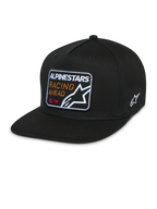 Casquette Snapback Intuitive Alpinestars, noire, visière plate avec couronne structurée, écusson brodé à l'avant avec « Alpinestars Racing Ahead » et logo, logo Astars blanc sur le côté, couvre-chef décontracté en sergé