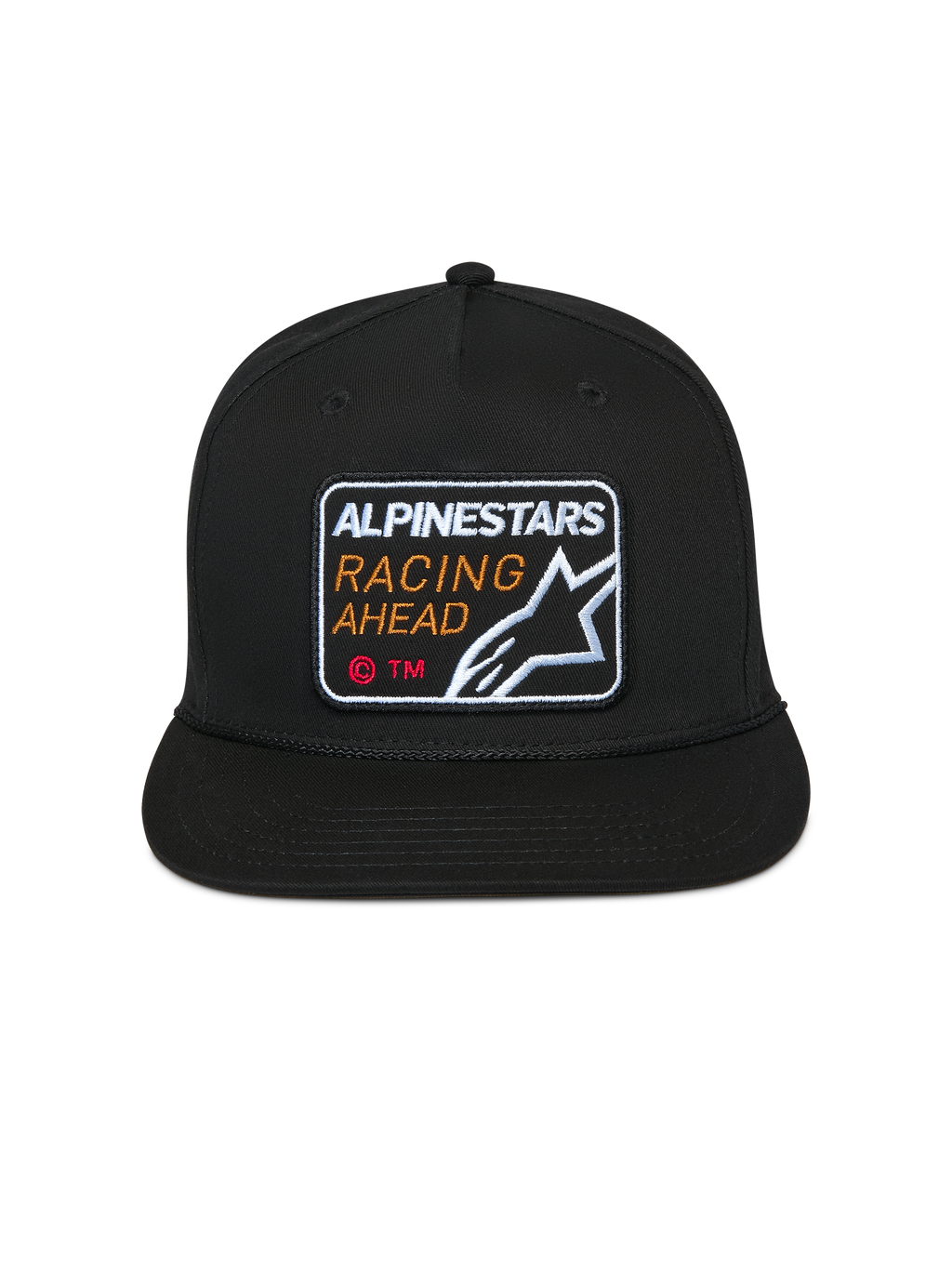 Casquette Snapback Intuitive Alpinestars, noire, écusson brodé Alpinestars Racing Ahead à l'avant, visière plate avec couronne structurée, couvre-chef de sport automobile décontracté