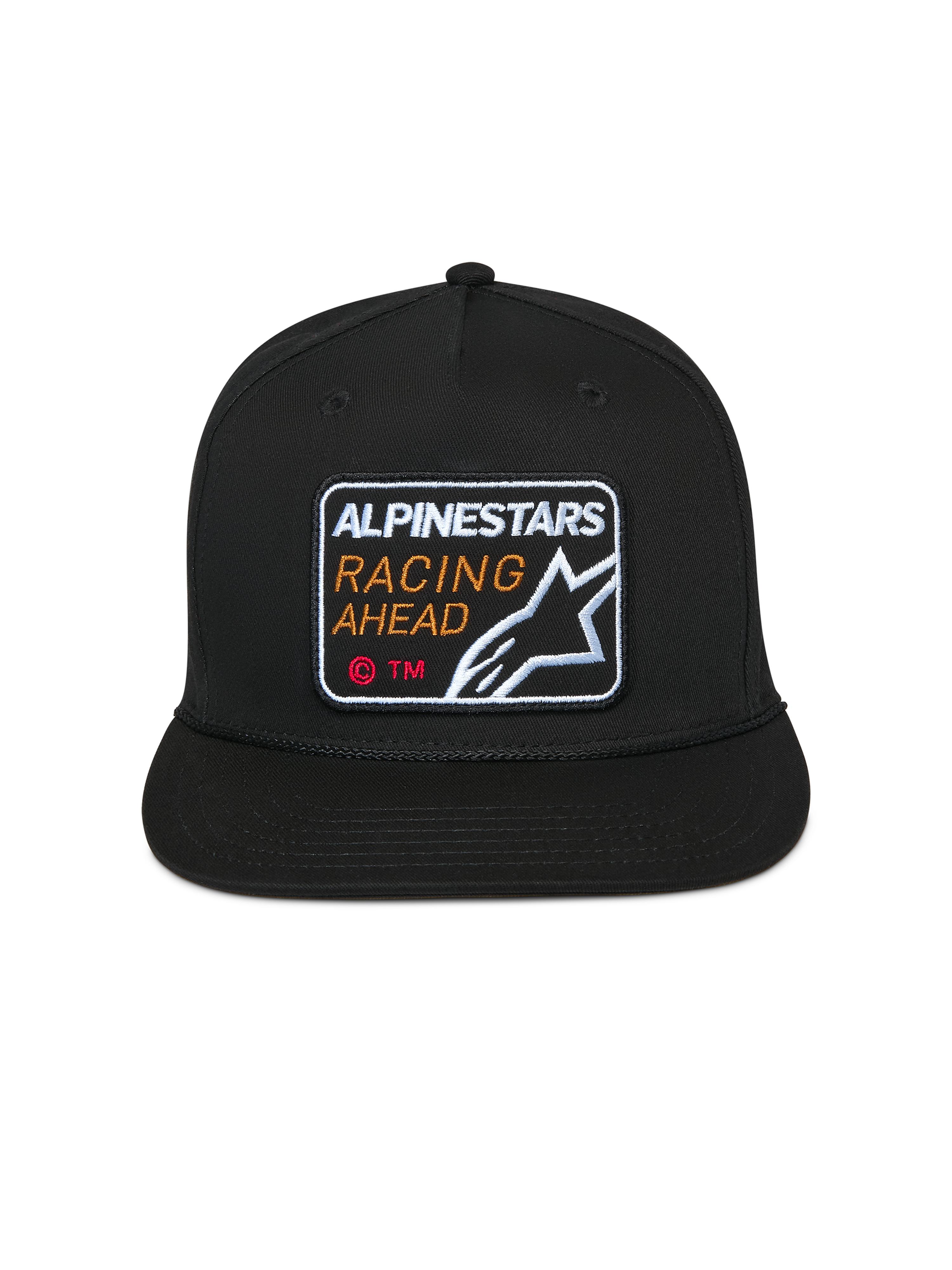 Casquette Snapback Intuitive Alpinestars, noire, écusson brodé Alpinestars Racing Ahead à l'avant, visière plate avec couronne structurée, couvre-chef de sport automobile décontracté