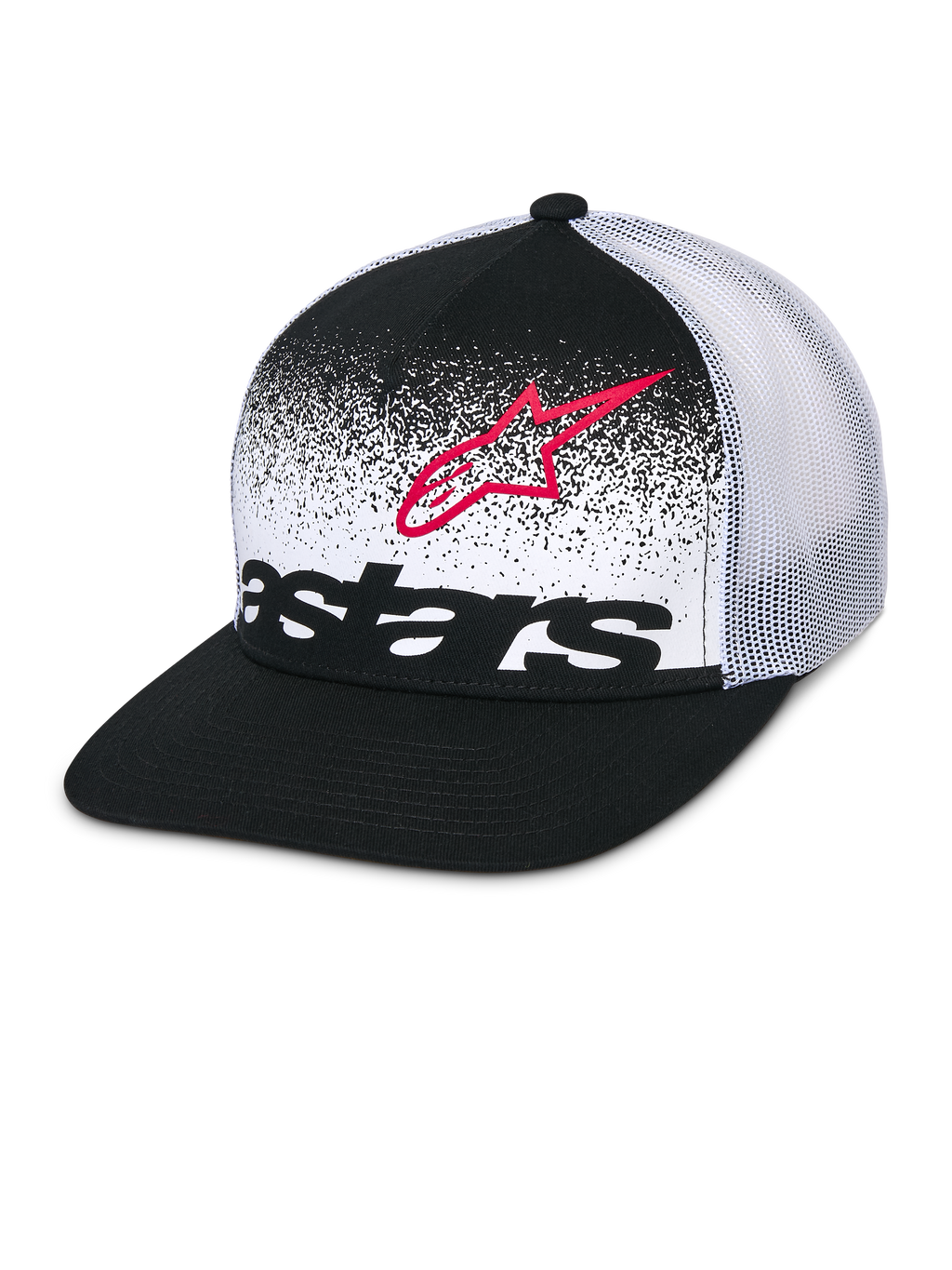 Casquette Trucker Alpinestars Component, noir et blanc, visière plate avec couronne structurée, arrière en maille blanche respirante, panneau avant avec contour du logo Astars rouge et lettrage noir avec motif dégradé MX, accessoire de tête décontracté style motorsport