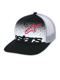 Casquette Trucker Alpinestars Component, noir et blanc, visière plate avec couronne structurée, arrière en maille blanche respirante, panneau avant avec contour du logo Astars rouge et lettrage noir avec motif dégradé MX, accessoire de tête décontracté style motorsport