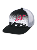 Casquette Trucker Alpinestars Component, noir et blanc, visière plate avec couronne structurée, arrière en maille blanche respirante, panneau avant avec contour du logo Astars rouge et lettrage noir avec motif dégradé MX, accessoire de tête décontracté style motorsport