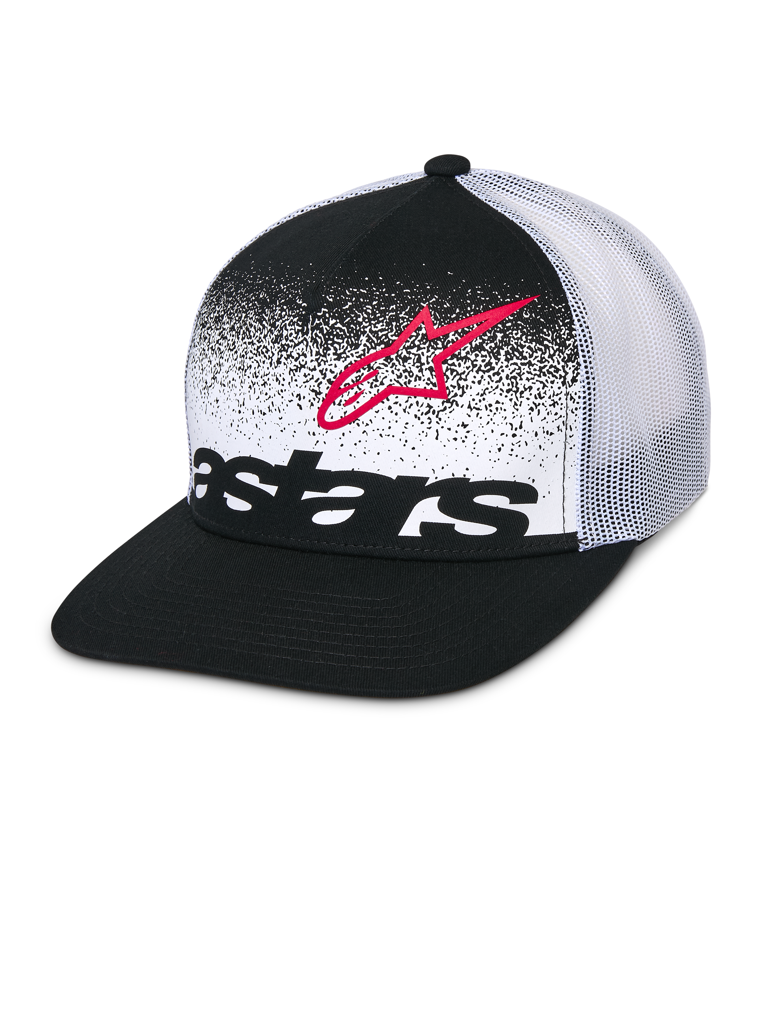 Alpinestars Component Trucker Hat, Black and White, flat bill with structured crown, breathable white mesh back, front panel featuring a red Astars logo outline and black wordmark with MX gradation design, casual motorsport headwear