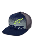 Casquette Trucker Alpinestars Component, bleu marine et gris, visière plate avec couronne structurée, arrière en maille grise, ornée d'un contour de logo Astars vert citron et d'un marquage bleu marine sur un panneau avant gris avec dégradé MX moucheté.