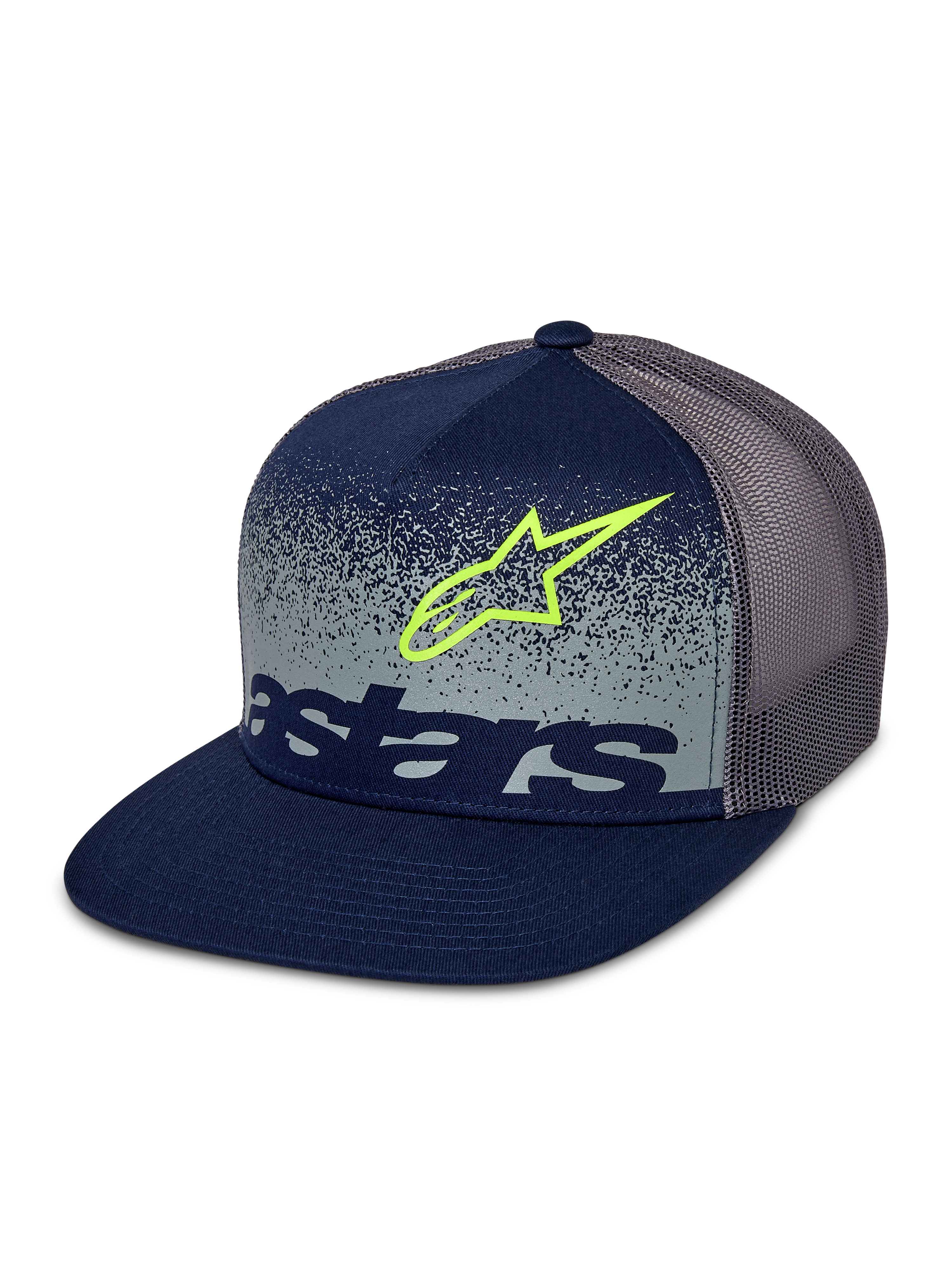 Casquette Trucker Alpinestars Component, bleu marine et gris, visière plate avec couronne structurée, arrière en maille grise, ornée d'un contour de logo Astars vert citron et d'un marquage bleu marine sur un panneau avant gris avec dégradé MX moucheté.