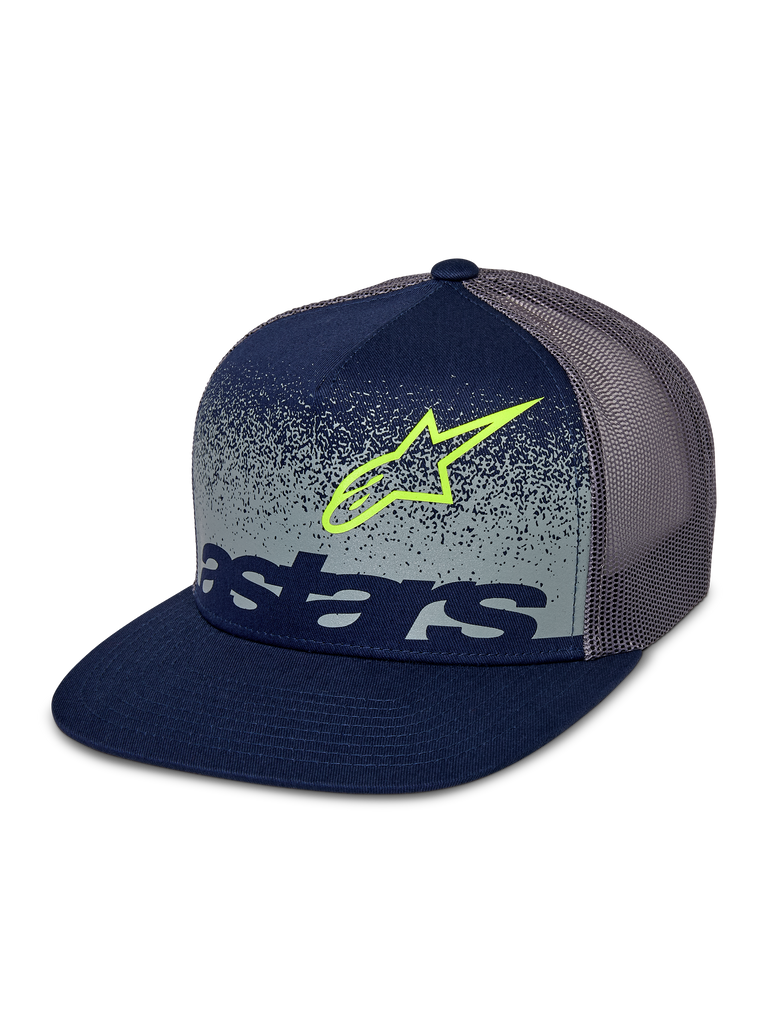 Casquette Trucker Alpinestars Component, bleu marine et gris, visière plate avec couronne structurée, arrière en maille grise, ornée d'un contour de logo Astars vert citron et d'un marquage bleu marine sur un panneau avant gris avec dégradé MX moucheté.