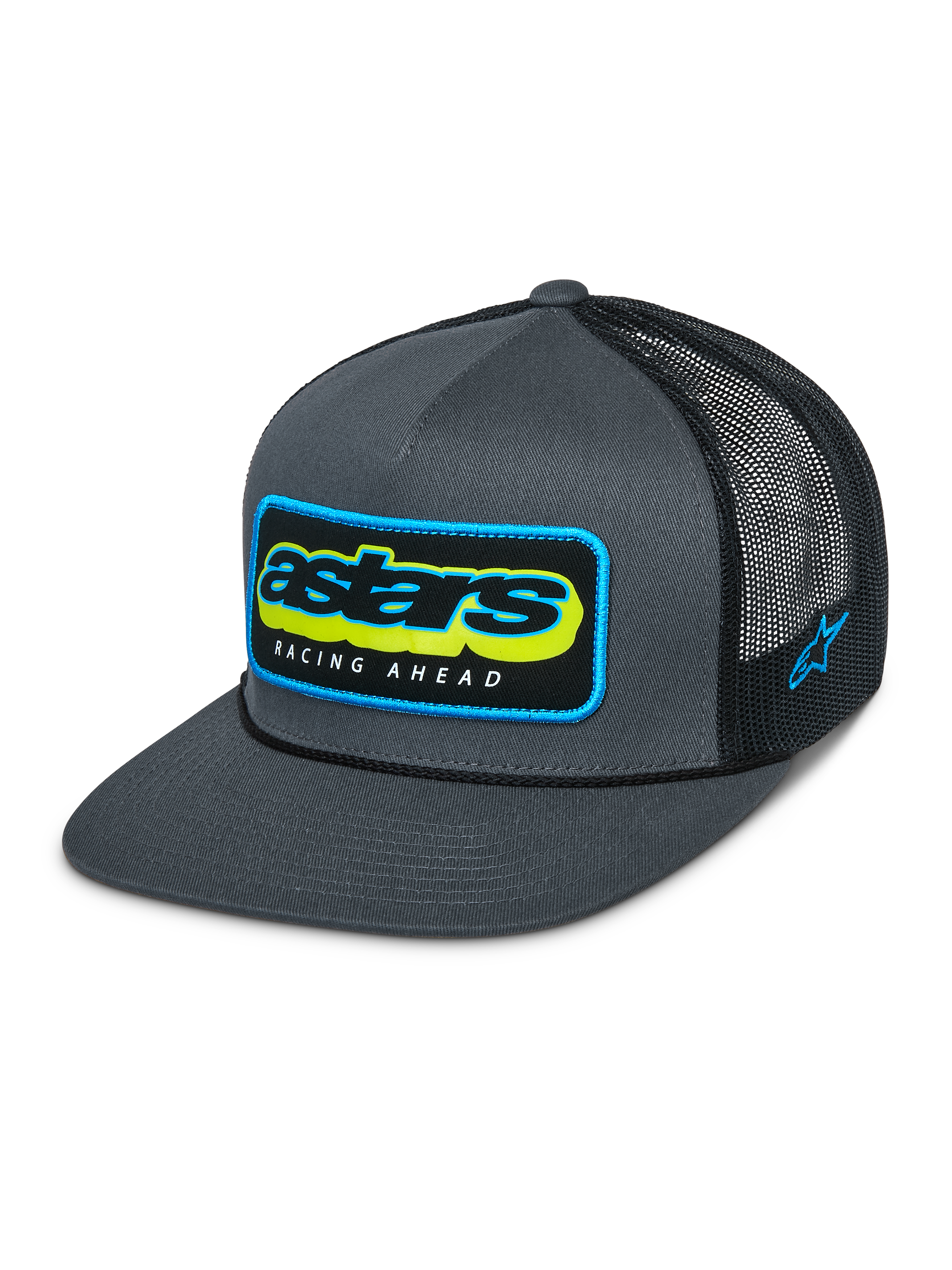 Casquette Trucker Phosphor Alpinestars, noir anthracite, devant en sergé gris avec arrière en maille noire, logo Astars multicolore vibrant avec texte Racing Ahead, visière plate, broderie du logo sur le côté, accessoire décontracté inspiré du sport automobile