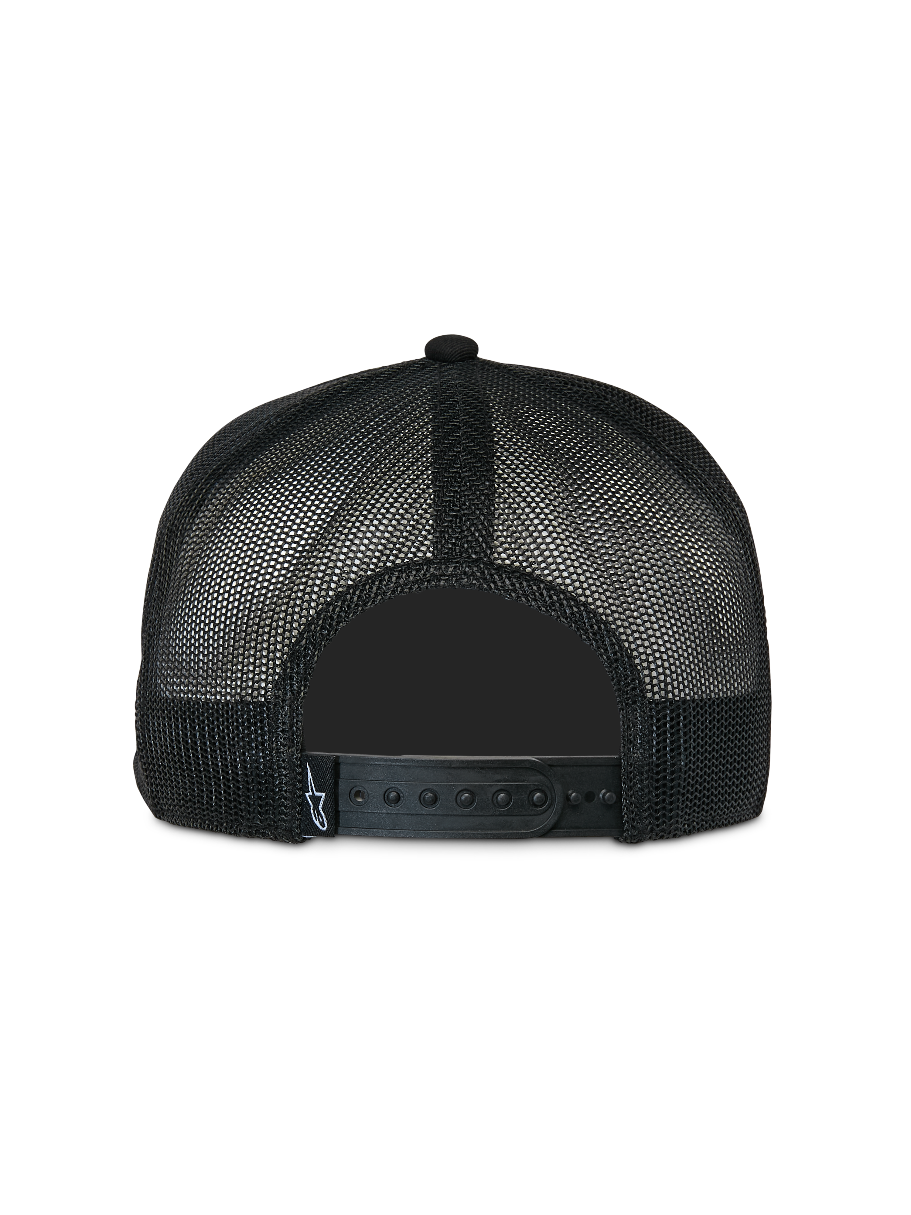 Casquette Trucker Contender Alpinestars, noire, vue arrière avec maille en polyester et fermeture snapback réglable, petite étiquette blanche avec logo Astars, couvre-chef décontracté inspiré du sport automobile
