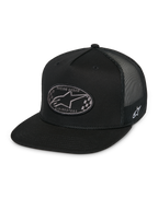 Casquette Trucker Alpinestars Contender, casquette snapback noire, visière plate, écusson ovale à l'avant avec logo Astars à carreaux et texte Racing Ahead, arrière en maille noire, broderie du logo sur le côté, streetwear décontracté motorsport